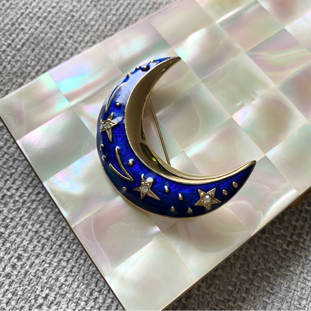 1960s BJ (Beatrix Jewelry) Enamel Crescent Moon with Rhinestones